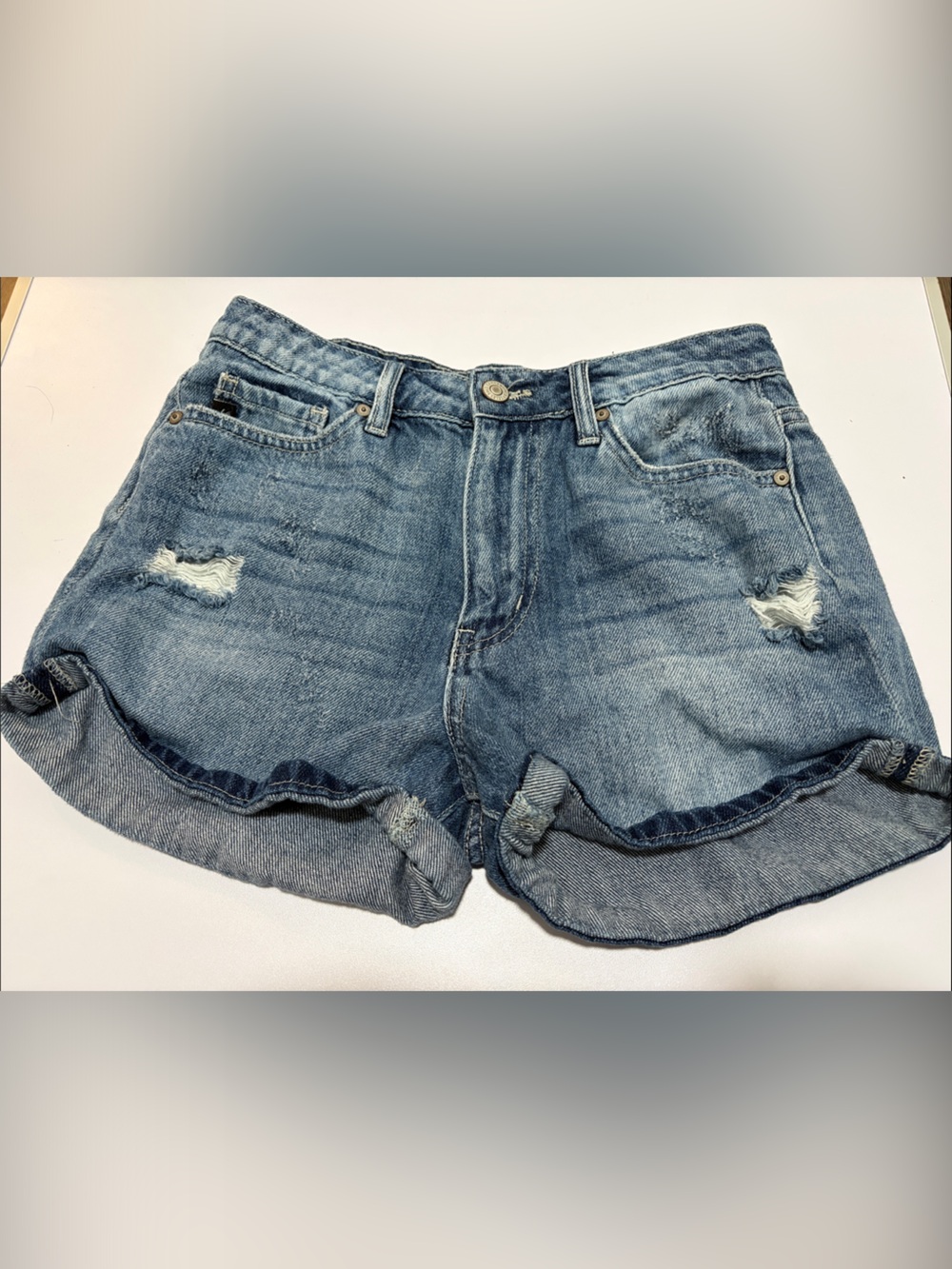 KanCan Cuffed Medium Wash Light Blue Rolled Hem Distressed Denim Shorts XS